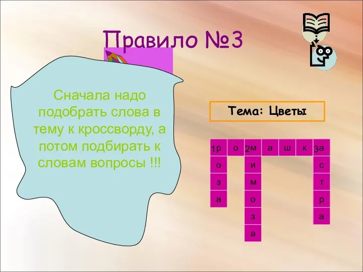 Правило №3 Сначала надо подобрать слова в тему к кроссворду, а