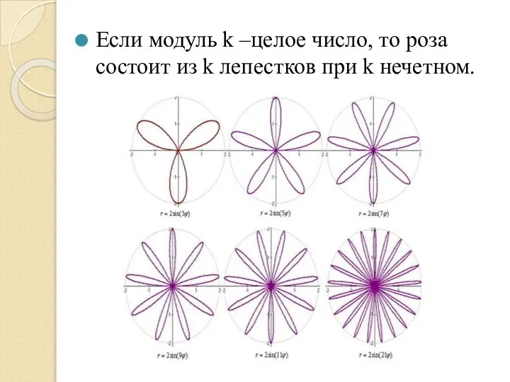 Если модуль k –целое число, то роза состоит из k лепестков при k нечетном.