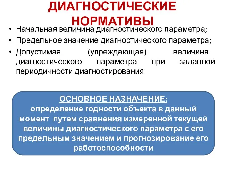 ДИАГНОСТИЧЕСКИЕ НОРМАТИВЫ Начальная величина диагностического параметра; Предельное значение диагностического параметра; Допустимая