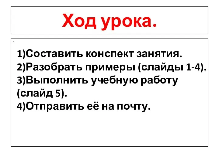 Ход урока. . 1)Составить конспект занятия. 2)Разобрать примеры (слайды 1-4). 3)Выполнить