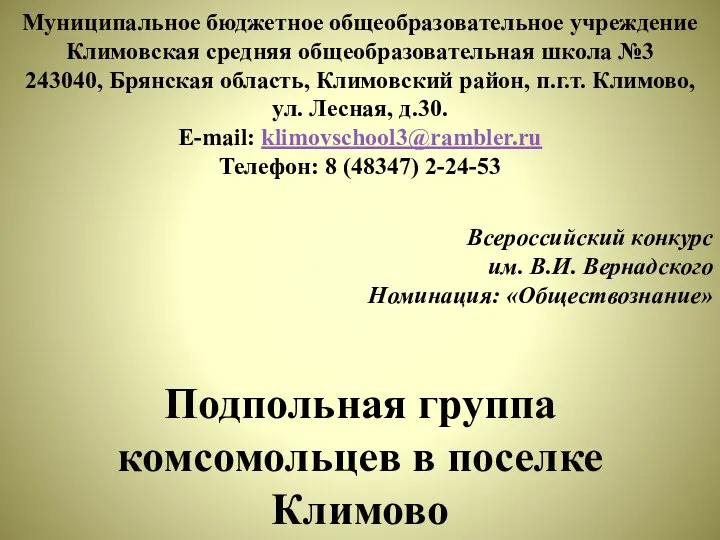 Муниципальное бюджетное общеобразовательное учреждение Климовская средняя общеобразовательная школа №3 243040, Брянская