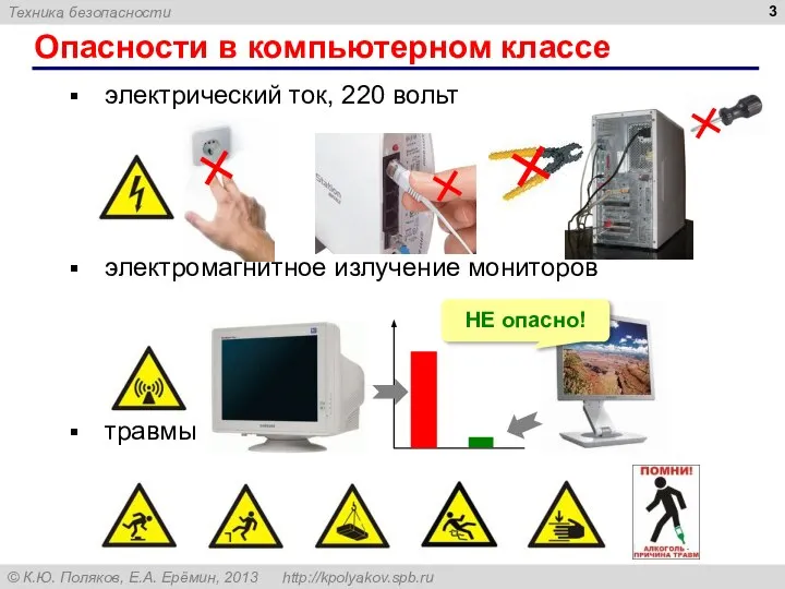 Опасности в компьютерном классе электрический ток, 220 вольт электромагнитное излучение мониторов травмы НЕ опасно!