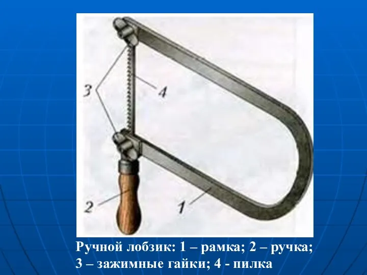 Ручной лобзик: 1 – рамка; 2 – ручка; 3 – зажимные гайки; 4 - пилка