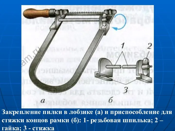 Закрепление пилки в лобзике (а) и приспособление для стяжки концов рамки