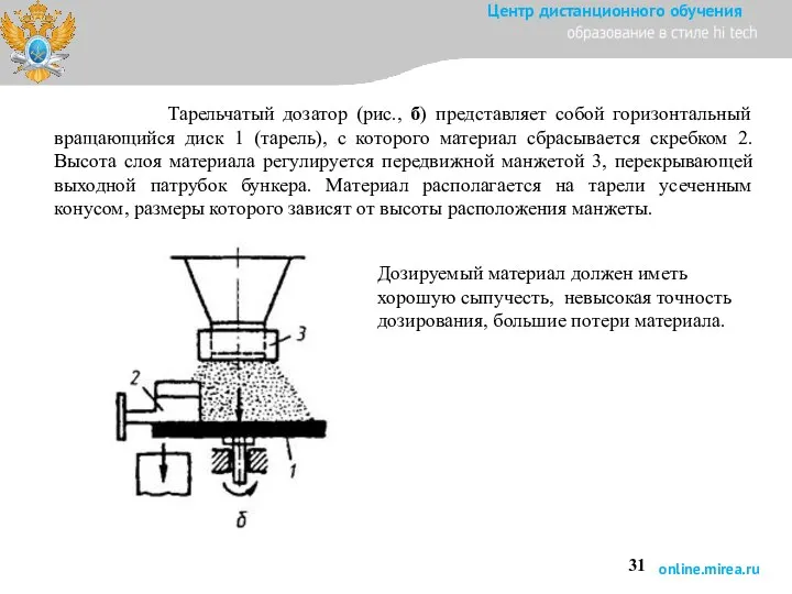 Тарельчатый дозатор (рис., б) представляет собой горизонтальный вращающийся диск 1 (тарель),