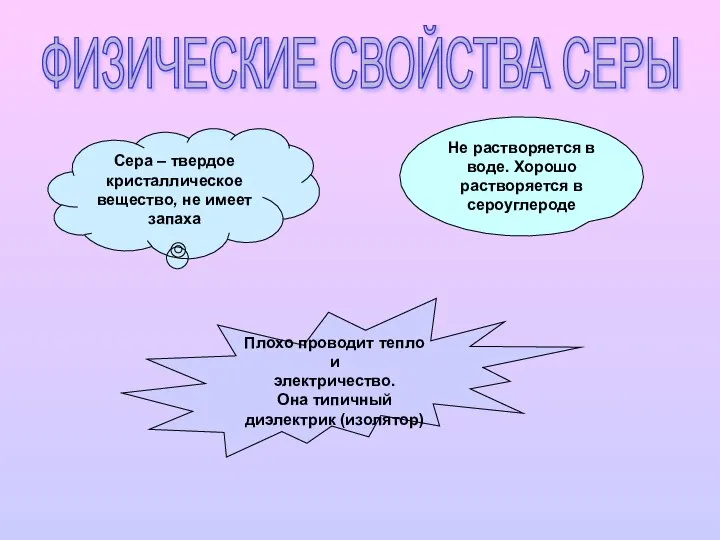 ФИЗИЧЕСКИЕ СВОЙСТВА СЕРЫ Сера – твердое кристаллическое вещество, не имеет запаха