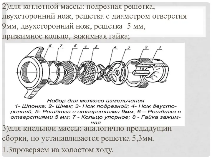 2)для котлетной массы: подрезная решетка, двухсторонний нож, решетка с диаметром отверстия