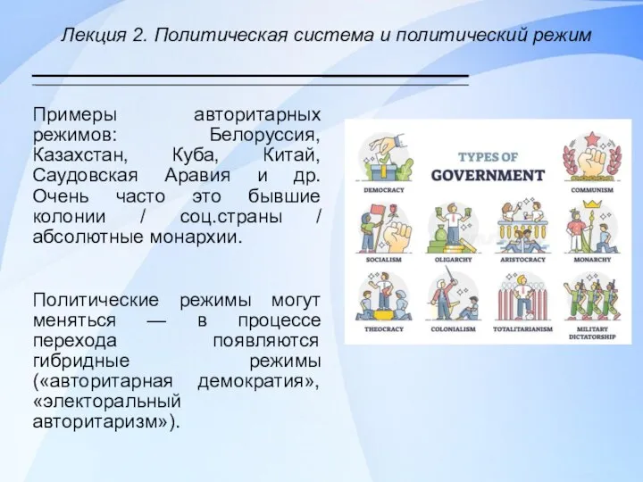 Лекция 2. Политическая система и политический режим Примеры авторитарных режимов: Белоруссия,