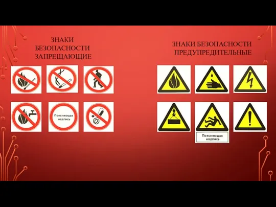 ЗНАКИ БЕЗОПАСНОСТИ ЗАПРЕЩАЮЩИЕ ЗНАКИ БЕЗОПАСНОСТИ ПРЕДУПРЕДИТЕЛЬНЫЕ