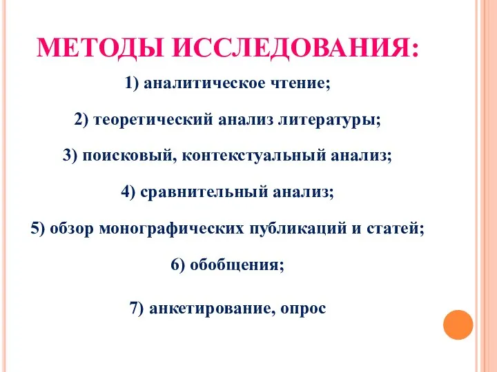 МЕТОДЫ ИССЛЕДОВАНИЯ: 1) аналитическое чтение; 2) теоретический анализ литературы; 3) поисковый,