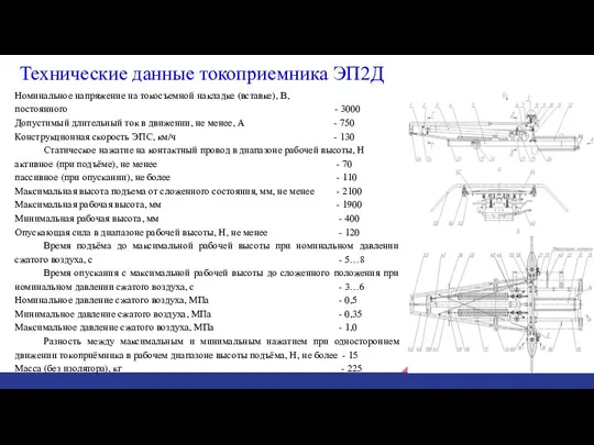 Технические данные токоприемника ЭП2Д Номинальное напряжение на токосъемной накладке (вставке), В,