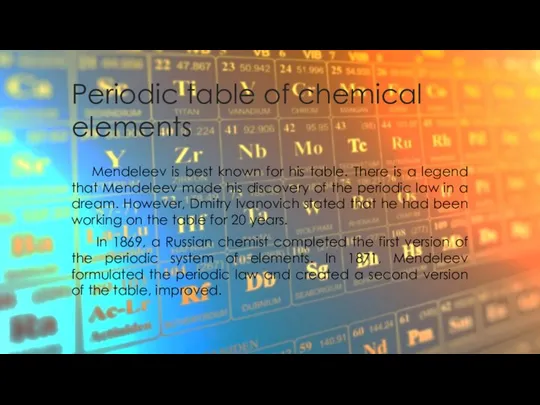 Periodic table of chemical elements Mendeleev is best known for his