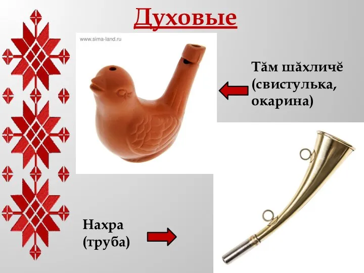 Духовые Тăм шăхличĕ (свистулька, окарина) Нахра (труба)