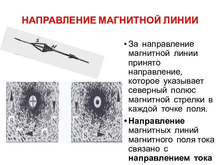 НАПРАВЛЕНИЕ МАГНИТНОЙ ЛИНИИ За направление магнитной линии принято направление, которое указывает