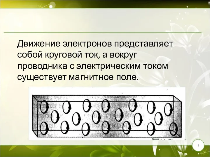 Движение электронов представляет собой круговой ток, а вокруг проводника с электрическим током существует магнитное поле.