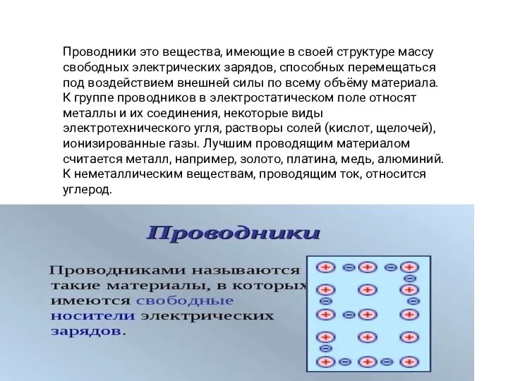 Проводники это вещества, имеющие в своей структуре массу свободных электрических зарядов,