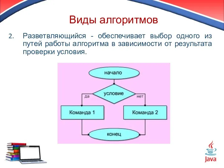 Виды алгоритмов Разветвляющийся - обеспечивает выбор одного из путей работы алгоритма