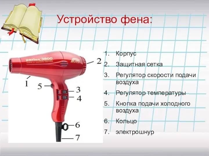 Устройство фена: Корпус Защитная сетка Регулятор скорости подачи воздуха Регулятор температуры