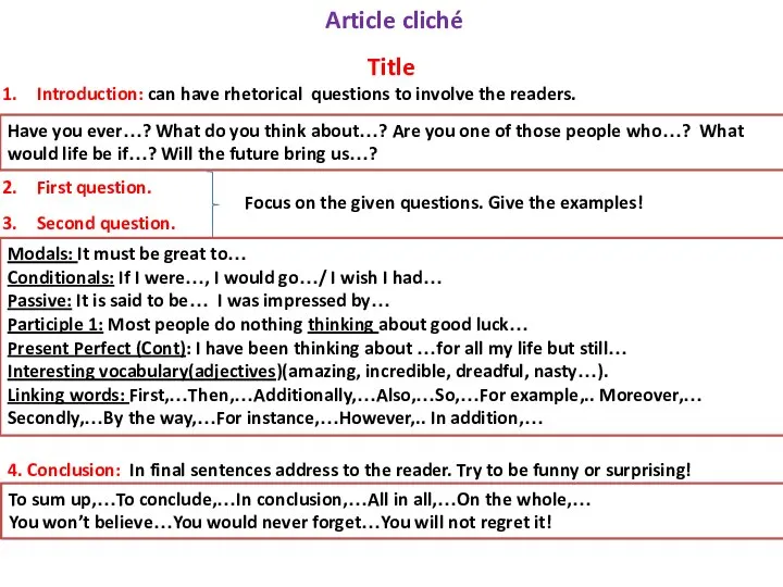 Article cliché Title Introduction: can have rhetorical questions to involve the