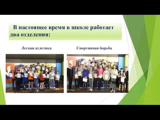 В настоящее время в школе работает два отделения: Легкая атлетика Спортивная борьба