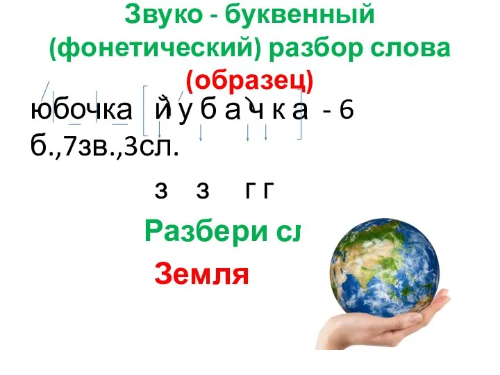 Звуко - буквенный (фонетический) разбор слова (образец) юбочка й у б