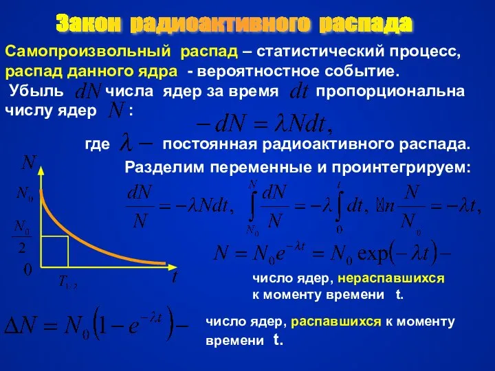 Закон радиоактивного распада Самопроизвольный распад – статистический процесс, распад данного ядра