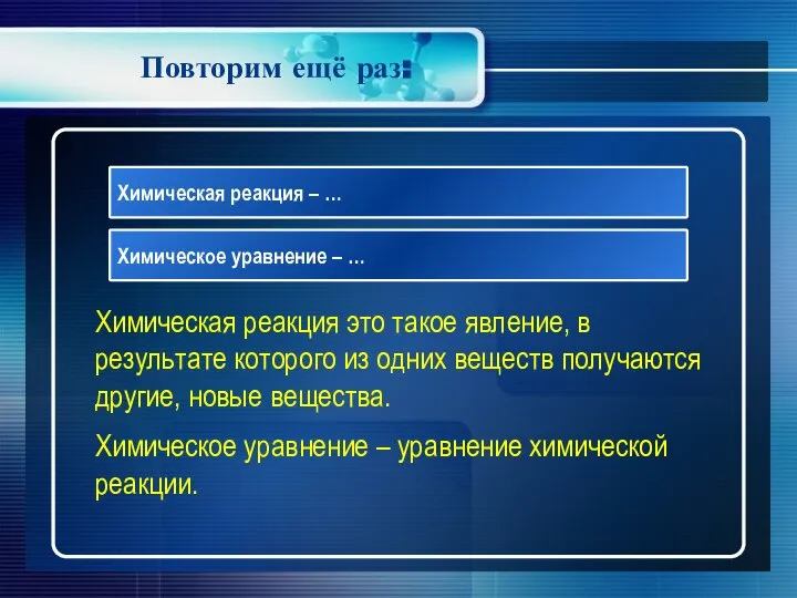 Повторим ещё раз: Химическая реакция – … Химическое уравнение – …