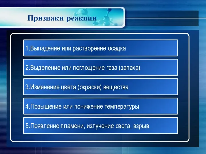 Признаки реакции 1.Выпадение или растворение осадка 2.Выделение или поглощение газа (запаха)