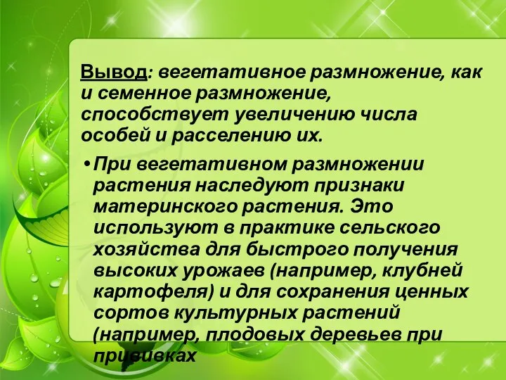 Вывод: вегетативное размножение, как и семенное размножение, способствует увеличению числа особей