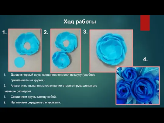 Ход работы Делаем первый ярус, соединяя лепестки по кругу (удобнее приклеивать