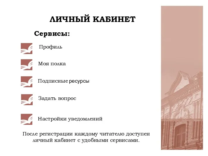 ЛИЧНЫЙ КАБИНЕТ Сервисы: Профиль Моя полка Подписные ресурсы Задать вопрос Настройки