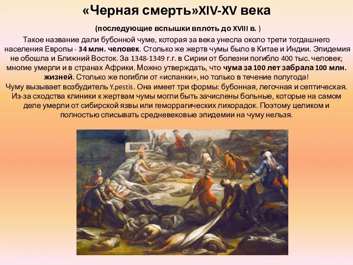 «Черная смерть»XIV-XV века (последующие вспышки вплоть до XVIII в. ) Такое