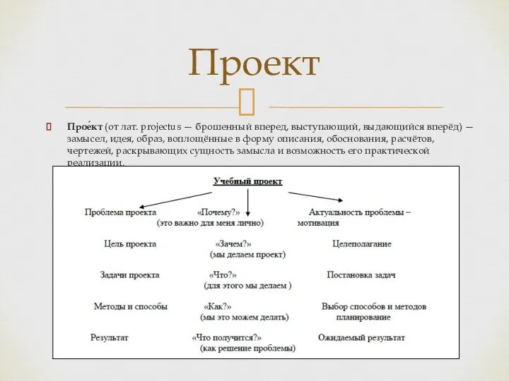 Прое́кт (от лат. projectus — брошенный вперед, выступающий, выдающийся вперёд) —