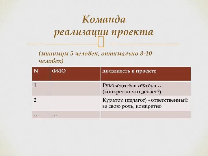 Команда реализации проекта (минимум 5 человек, оптимально 8-10 человек)