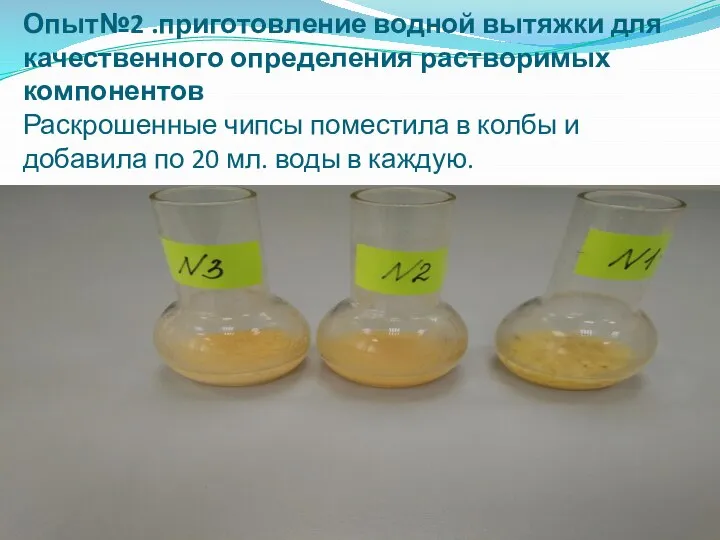 Опыт№2 .приготовление водной вытяжки для качественного определения растворимых компонентов Раскрошенные чипсы