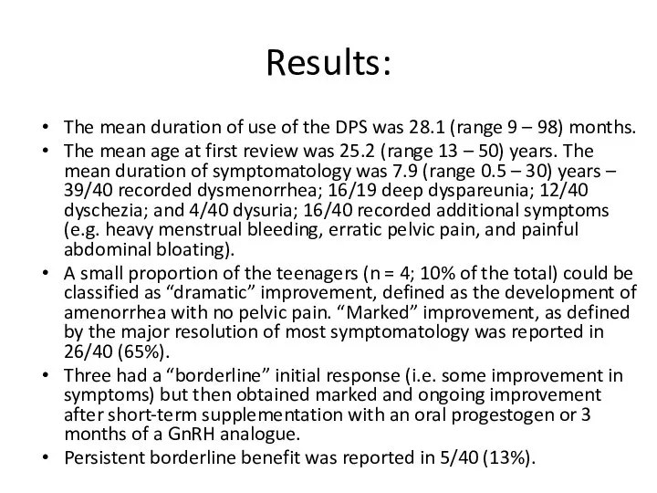 Results: The mean duration of use of the DPS was 28.1