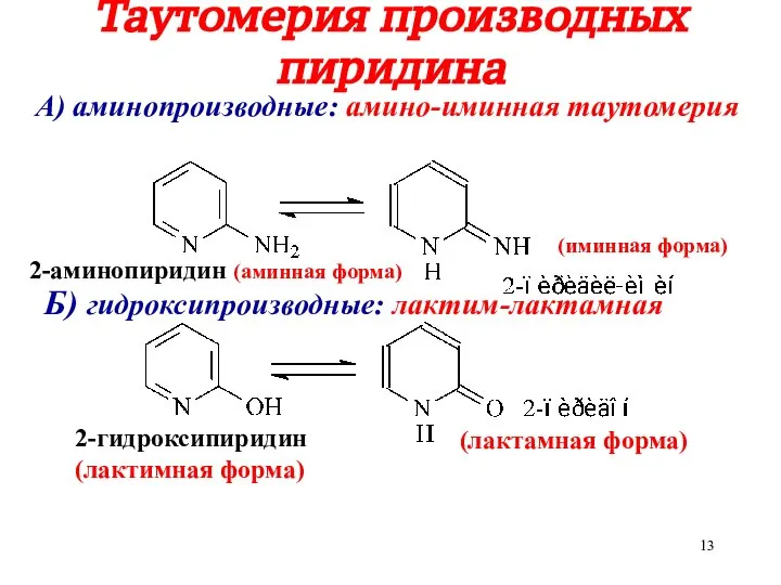 Таутомерия производных пиридина А) аминопроизводные: амино-иминная таутомерия Б) гидроксипроизводные: лактим-лактамная 2-аминопиридин