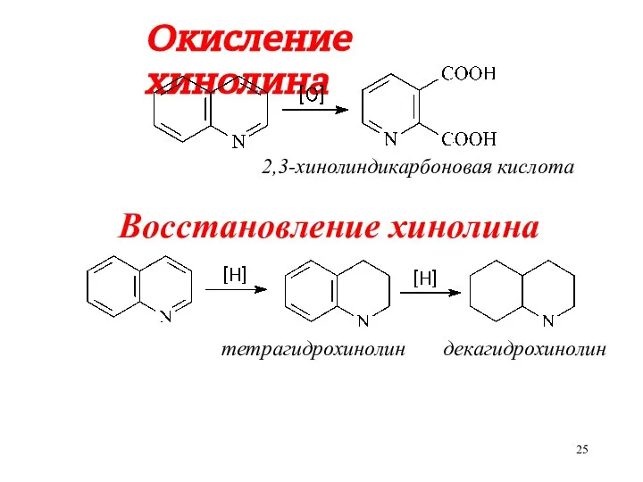 Окисление хинолина 2,3-хинолиндикарбоновая кислота Восстановление хинолина тетрагидрохинолин декагидрохинолин