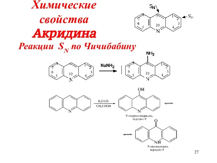 Химические свойства Акридина Реакции SN по Чичибабину