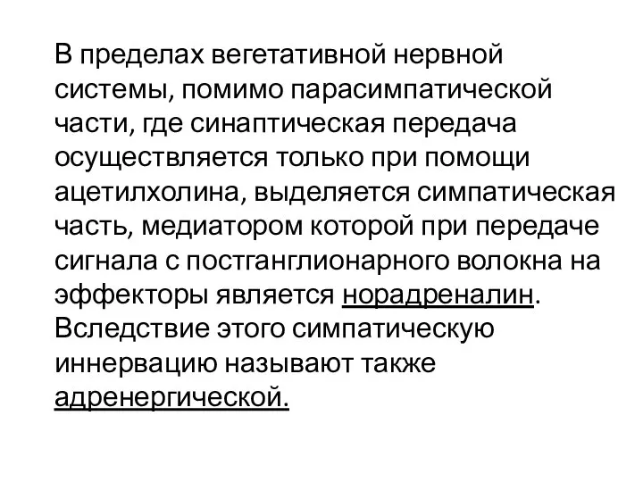 В пределах вегетативной нервной системы, помимо парасимпатической части, где синаптическая передача