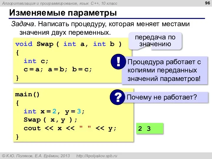 Изменяемые параметры Задача. Написать процедуру, которая меняет местами значения двух переменных.