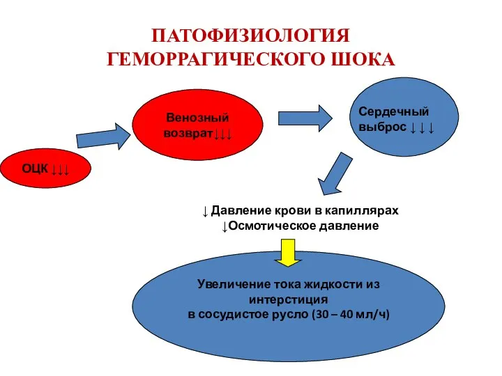 ПАТОФИЗИОЛОГИЯ ГЕМОРРАГИЧЕСКОГО ШОКА Сердечный выброс ↓ ↓ ↓ ОЦК ↓↓↓ Венозный