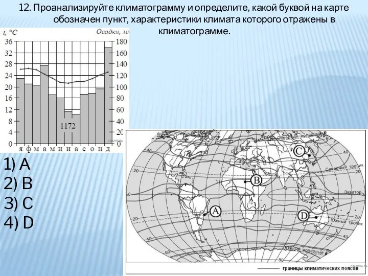 12. Проанализируйте климатограмму и определите, какой буквой на карте обозначен пункт,