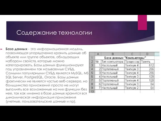 Содержание технологии База данных - это информационная модель, позволяющая упорядоченно хранить