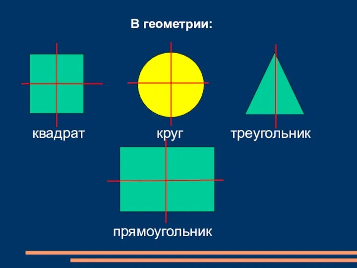 В геометрии: квадрат круг треугольник прямоугольник