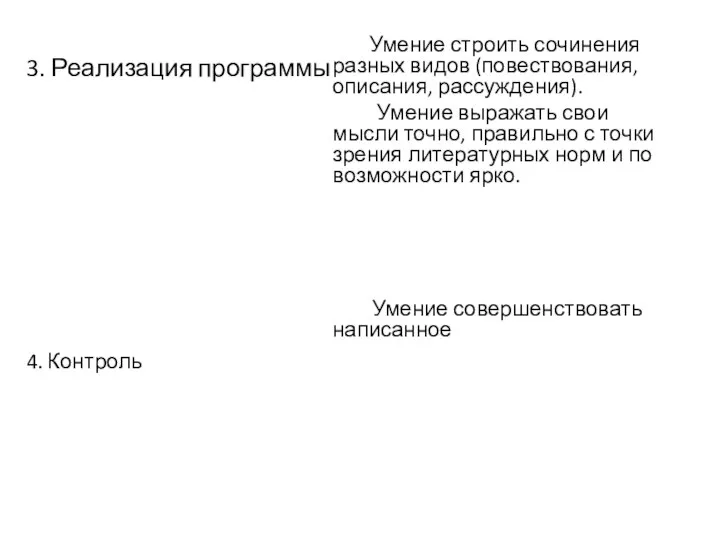 3. Реализация программы 4. Контроль Умение строить сочинения разных видов (повествования,