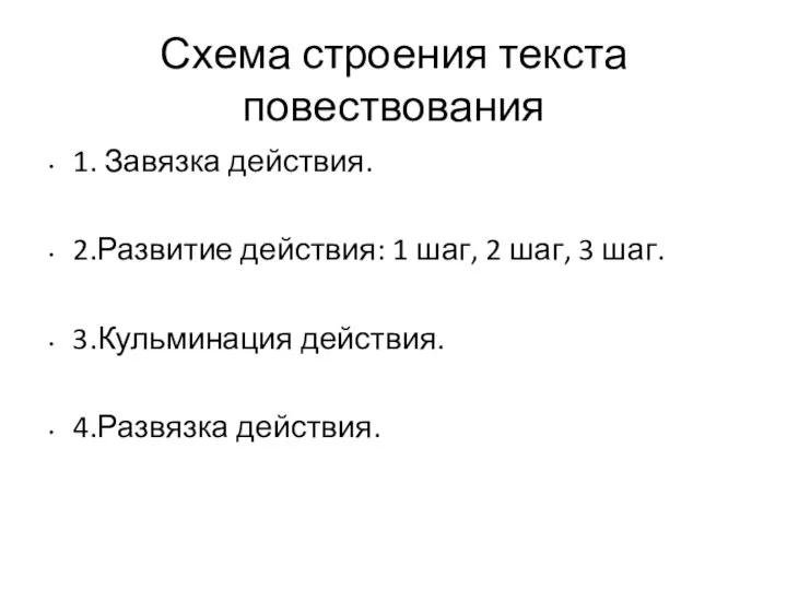 Схема строения текста повествования 1. Завязка действия. 2.Развитие действия: 1 шаг,