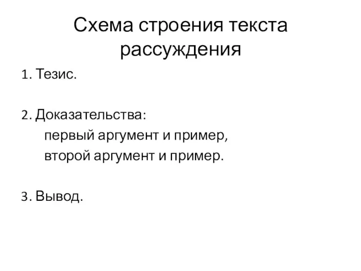 Схема строения текста рассуждения 1. Тезис. 2. Доказательства: первый аргумент и