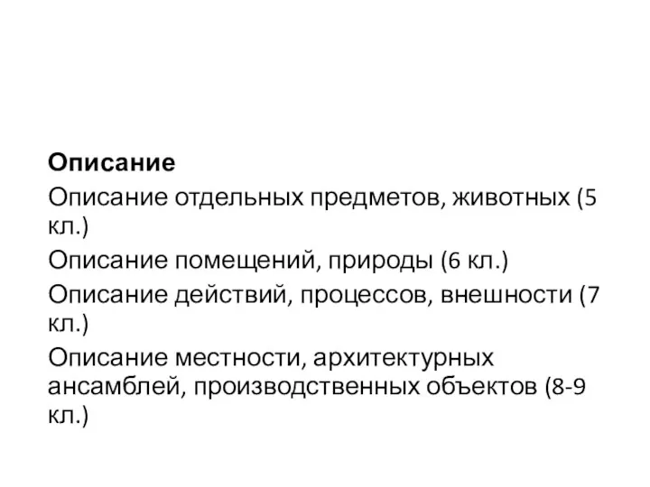 Описание Описание отдельных предметов, животных (5 кл.) Описание помещений, природы (6