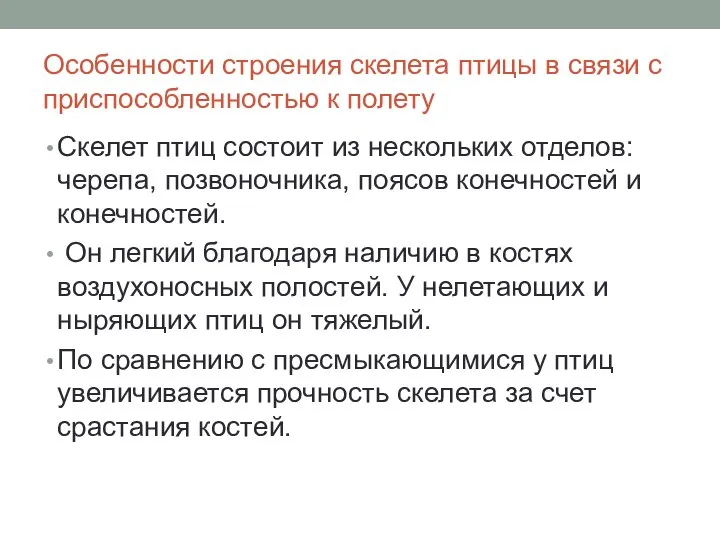 Особенности строения скелета птицы в связи с приспособленностью к полету Скелет